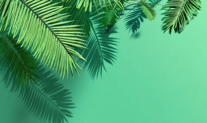 Lush Green Palm Leaves Cast Shadows on Vibrant Background, Creating a Tropical Paradise Aesthetic