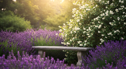 Obraz premium Lavender Field And White Flowers With Stone Bench At Dawn