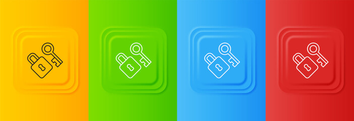 White Lock with key icon isolated on colorful background. Love symbol and keyhole sign. Set icons in square buttons. Vector