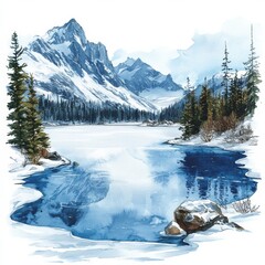 Serene Winter Landscape Frozen Lake Nature , Watercolor clipart, Isolated on a white background, Hand-drawn elements