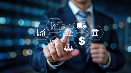 Businessman interacts with digital interface showing financial data.
