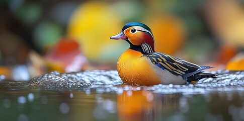 Mandarin Duck Swimming Gracefully in a Serene Pond Nature Photography Autumn Colors Close-up View