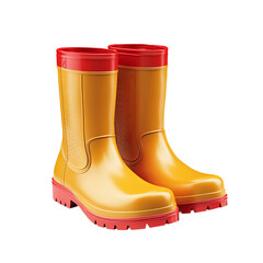 A pair of yellow boots with red details standing side by side. They are clean and new, perfect for stepping through puddles