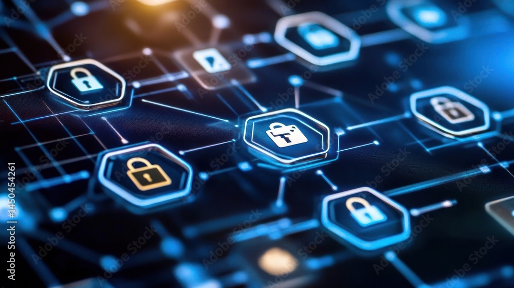 Poster digital network security icons on dark background