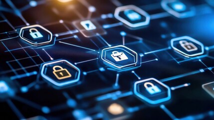 Digital network security icons on dark background