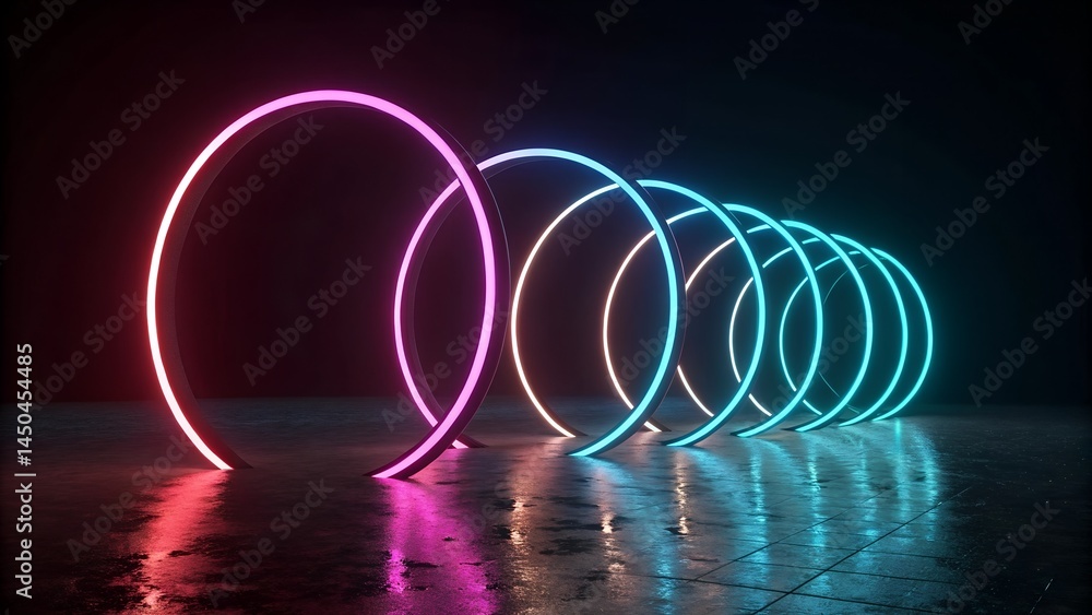 Poster 3d render, abstract background with neon triangle at the end of the virtual geometric tunnel