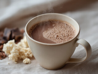 Steaming hot chocolate in cup with raw ingredients nearby