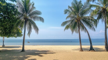 Obraz premium Tranquil beach scene with palm trees and a calm ocean.