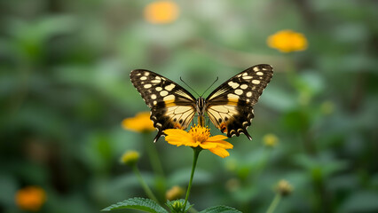 Black-yellow butterfly on wild yellow flower