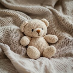 Knitted Teddy Bear on Textured Blanket