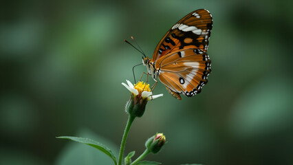 Monarch butterfly on tiny white bloom