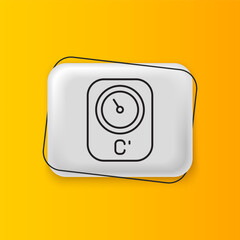 Black Sauna thermometer icon isolated on yellow background. Sauna and bath equipment. Silver rectangle button. Vector