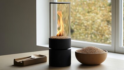 Modern tabletop bio ethanol fireplace with clear glass cylinder, dark base, and fuel bowl