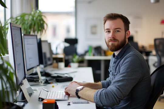 Bearded Programmer Working at Computer