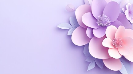 Pastel paper flowers in a corner arrangement on a light purple background Delicate, layered flowers in shades of lavender and pink, with subtle details like fringed petals and leaves