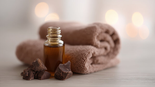 Aromatherapy setup with cacao oil and chocolate on towel