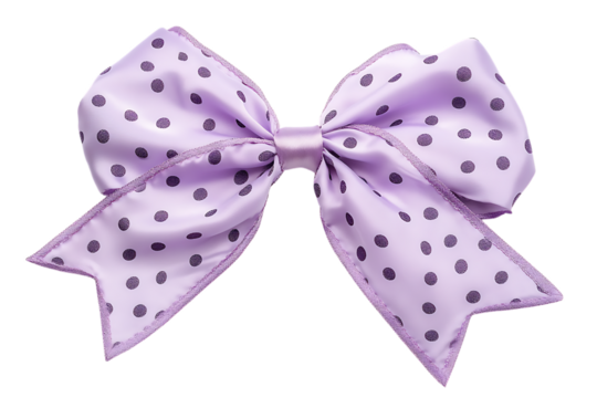 Purple satin ribbon bow with polka dots on a transparent background