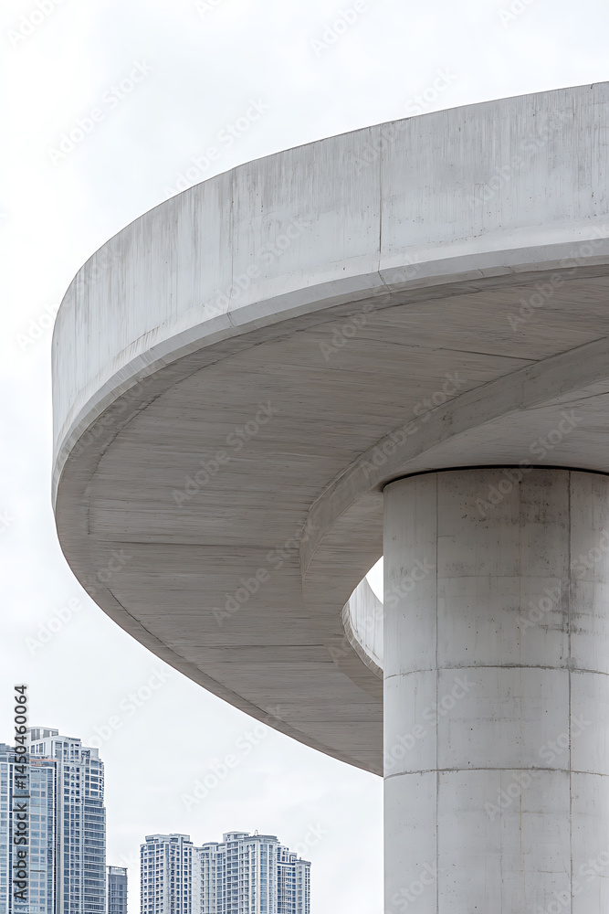 Poster elevated concrete structure against cityscape, creating a modern architectural statement. focus on c