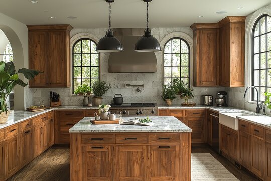 Kitchen in an upper middle class home with stainless steel appliances, marble center island, natural light, and wood cabinets, featuring pendant lighting and fresh flowers.