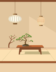 Serene Bonsai Room: An artistic depiction of tranquility within an intimate setting, showcasing the elegance of a bonsai tree with minimalist design.