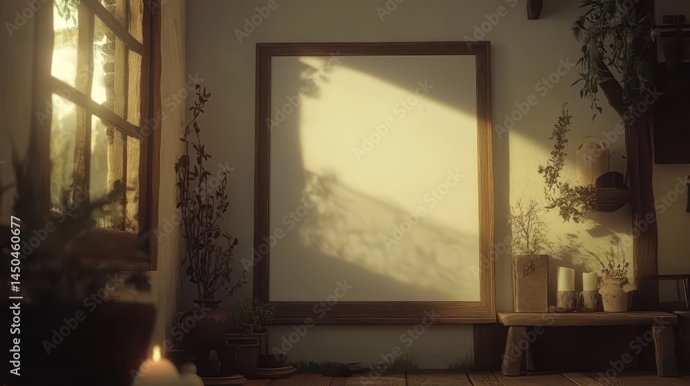 Poster sunlight streaming through window, casting shadows on blank canvas.