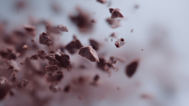 Chocolate pieces floating in air, creating dynamic and abstract scene