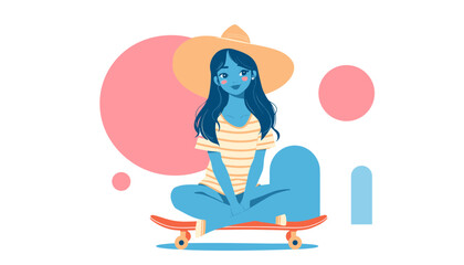 Obraz premium Summer Skater Girl: A stylized, cartoon-like illustration of a girl in a sun hat, gracefully seated on a skateboard, creating a sense of carefree summertime bliss.