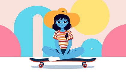 Girl with Skateboard in Illustration: An illustration showcases a young girl, casually seated atop a skateboard against a backdrop of simple.