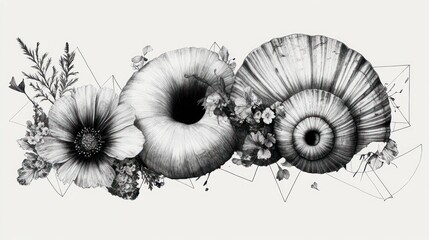 Obraz premium Elegant monochrome floral design with seashells and geometric shapes