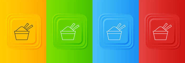 White Rice in a bowl with chopstick icon isolated on colorful background. Traditional Asian food. Set icons in square buttons. Vector