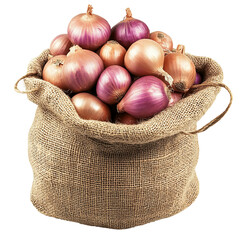 A rustic burlap sack brimming with a colorful assortment of onions. The onions display a range of hues from light brown to deep purple, showcasing their fresh quality