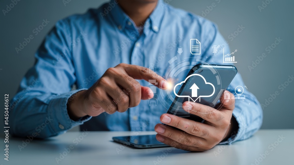 Poster person uploading data to cloud storage via a phone.