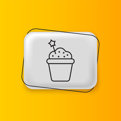 Black Cake icon isolated on yellow background. Happy Birthday. Silver rectangle button. Vector