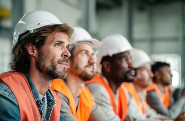 Construction Workers in Hard Hats Observe Site Progress Carefully, Team Collaboration on Industrial Project, Safety First