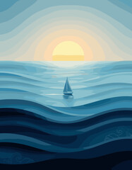 Naklejka premium Serene Sailing on the Horizon: A lone sailboat journeys across the undulating waves towards a radiant sun setting on the ocean, evoking a sense of calm and adventure. 