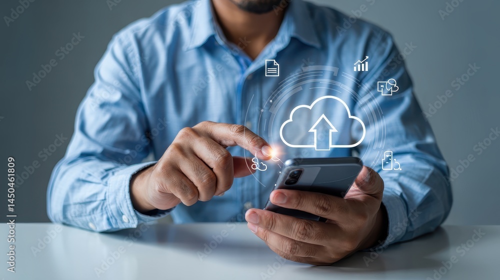 Poster close-up view of a person interacting with a cloud storage app on a smartphone.