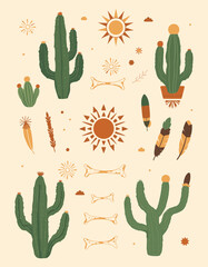 Desert Harmony: A whimsical, hand-drawn illustration showcasing the allure of the desert. Featuring a stylized array of cacti, suns, and feathers. Designed with soft.