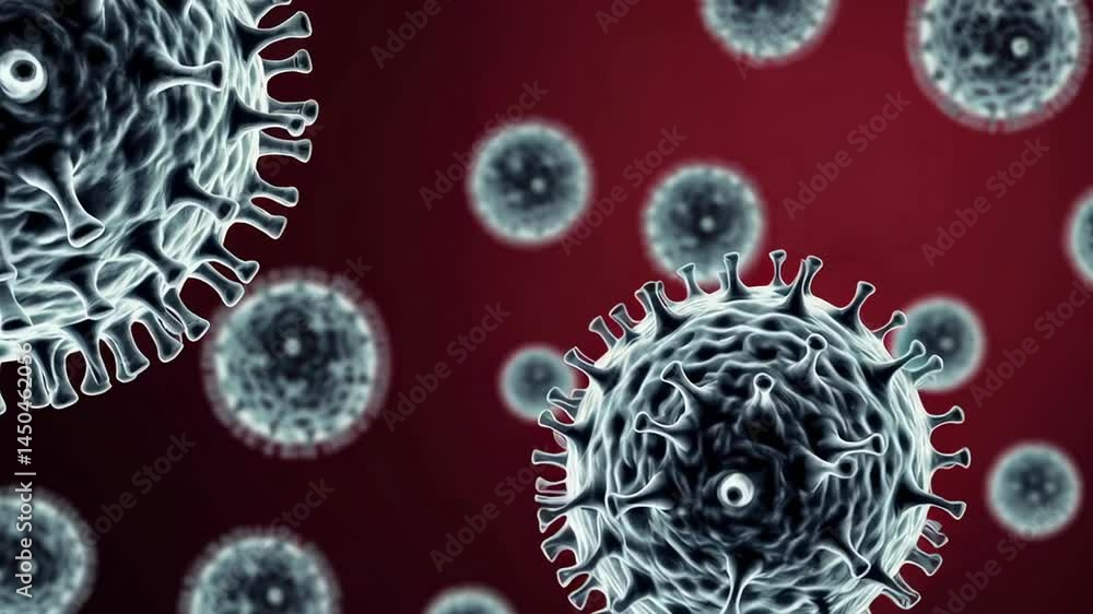 Aufkleber Microscopic view of virus cells multiplying and spreading on a red background, representing the concept of viral infection and disease transmission