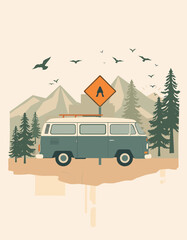 Obraz premium The Journey Begins: An illustrated, vintage-style van embarks on an adventure, under a sky filled with birds, ready to explore the scenic mountains.