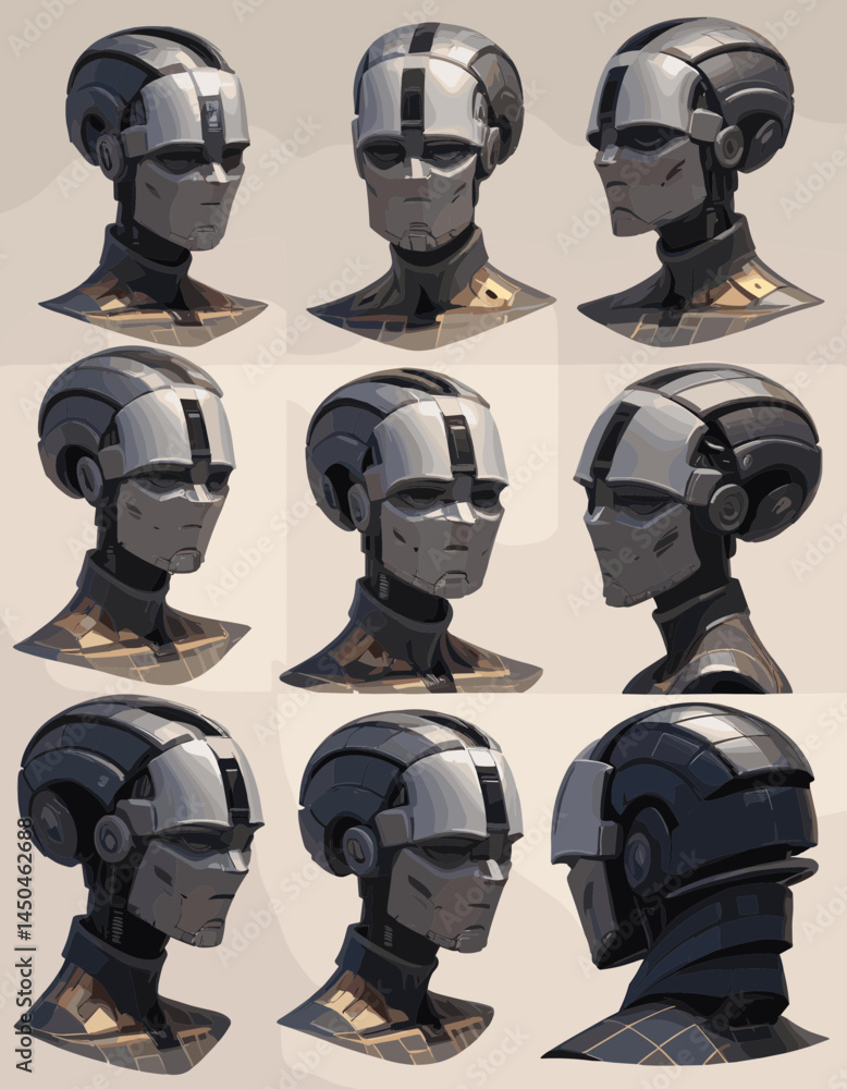 Poster android head variations: nine distinct android head studies showcasing advanced technology. a symbol