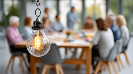 Group meeting in a bright office with a hanging light bulb, ideal for business, teamwork, or strategy articles
