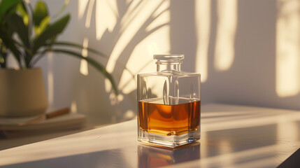 Sleek Glass Bottle with Golden Liquid on Minimalist White Surface, Soft Shadows, Symbolizing Premium Weight-Loss Medication, Clean and Modern Pharmaceutical Concept