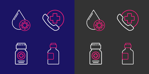 Set line Bottle of medicine syrup, Medicine bottle, Emergency phone call to hospital and Blood test and virus icon. Vector
