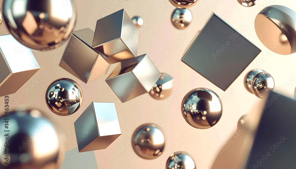 Poster isometric floating shapes 3d concept metal cubes and golden spheres abstract composition modern back