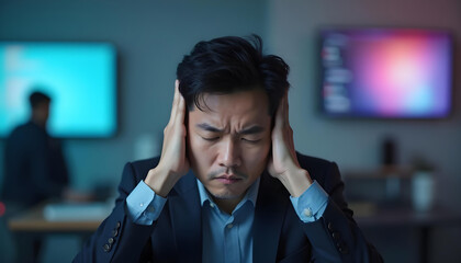 Neurodivergent asian adult man covering ears at office working space. Distress, headache, overwhelmed sensory input, autism spectrum sensory overload, hypersensitivity.