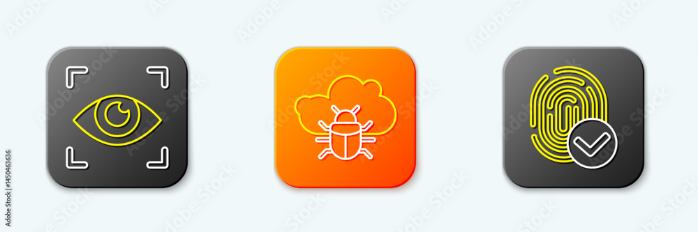 Poster set line eye scan, system bug on cloud and fingerprint icon. vector