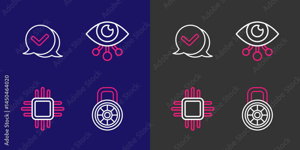 Poster Set line Safe combination lock, Processor with microcircuits CPU, Eye scan and Check mark speech bubble icon. Vector
