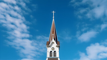 A white church steeple with a cross on top against a blue sky with white clouds.