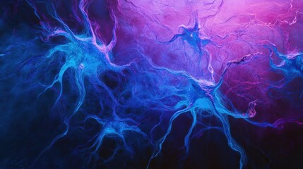 Obraz premium Abstract neural network design featuring glowing blue and purple threads against a dark gradient background with organic flow and balanced composition