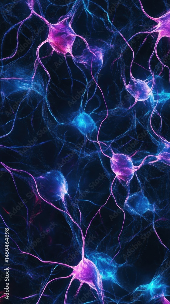 Aufkleber exploration of an abstract neural network with glowing blue and purple threads against a dark gradie